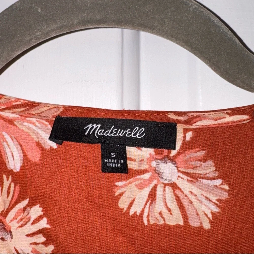 Madewell Floral Print Wrap Cotton V-Neck Mini Dress Rusty Torch dark orange S - Picture 4 of 16